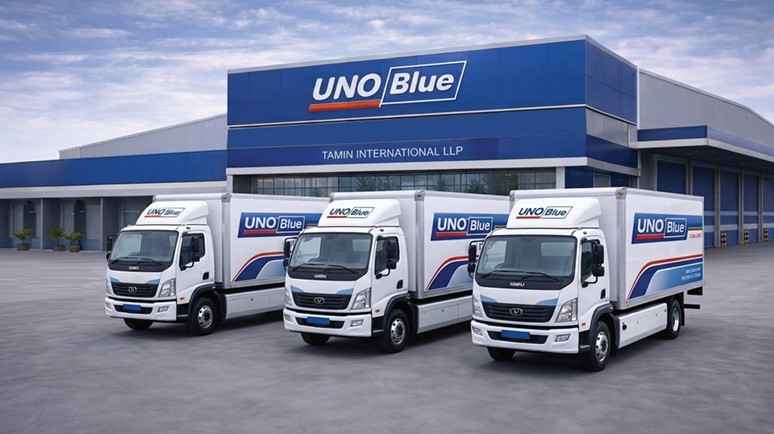 UNO Blue branded delivery fleet outside the Tamin International LLP facility